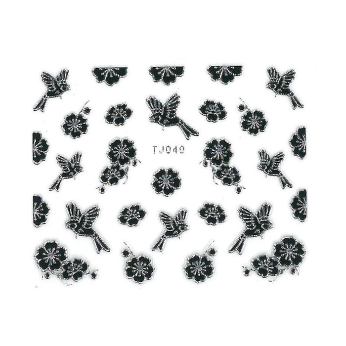 UpLac 3D Sticker Black Flowers Silver Edge TJ040